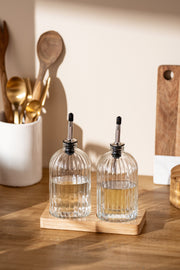 Contenedores Aceite y Vinagre de Vidrio y metal con Base de Madera