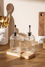 Contenedores Aceite y Vinagre de Vidrio y metal con Base de Madera
