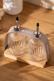 Contenedores Aceite y Vinagre de Vidrio y metal con Base de Madera