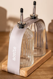 Contenedores Aceite y Vinagre de Vidrio y metal con Base de Madera