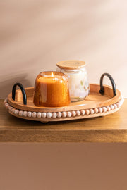 Bandeja de Madera con Manijas de Metal y Borde de Bolitas Decorativas