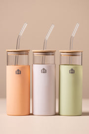 Vaso Largo de vidrio con tapa de bamboo y funda de Silicona 500ml