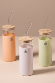 Vaso Largo de vidrio con tapa de bamboo y funda de Silicona 500ml