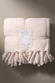 Manta Pie de Cama Flannel Fleece con Flecos 130x200cm Off White