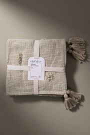 Manta Slub Algodón con Pompones Verde 125×150 cm