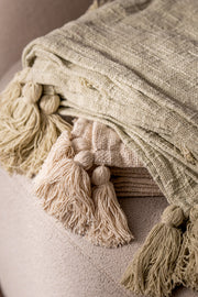 Manta Slub Algodón con Pompones Verde 125×150 cm